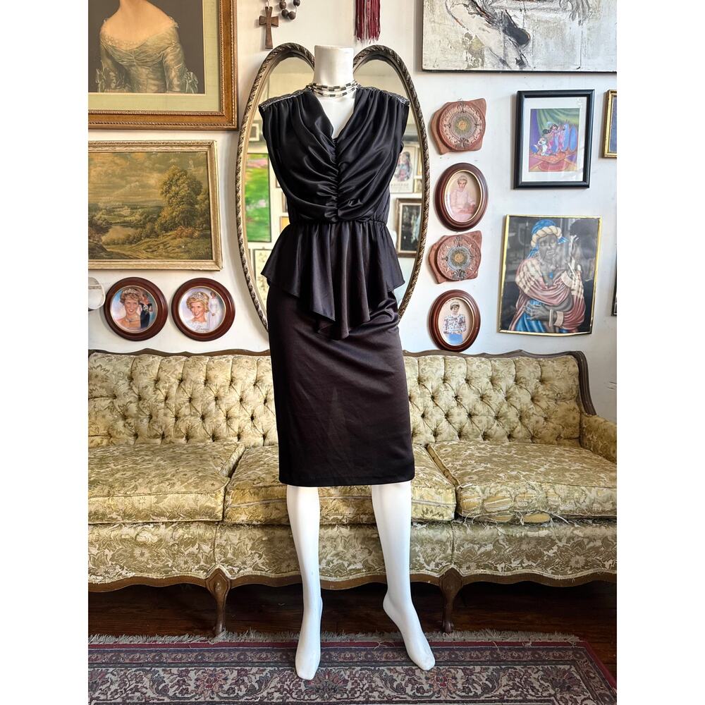 Vintage 80s Black Peplum Midi Dress Size XS/S